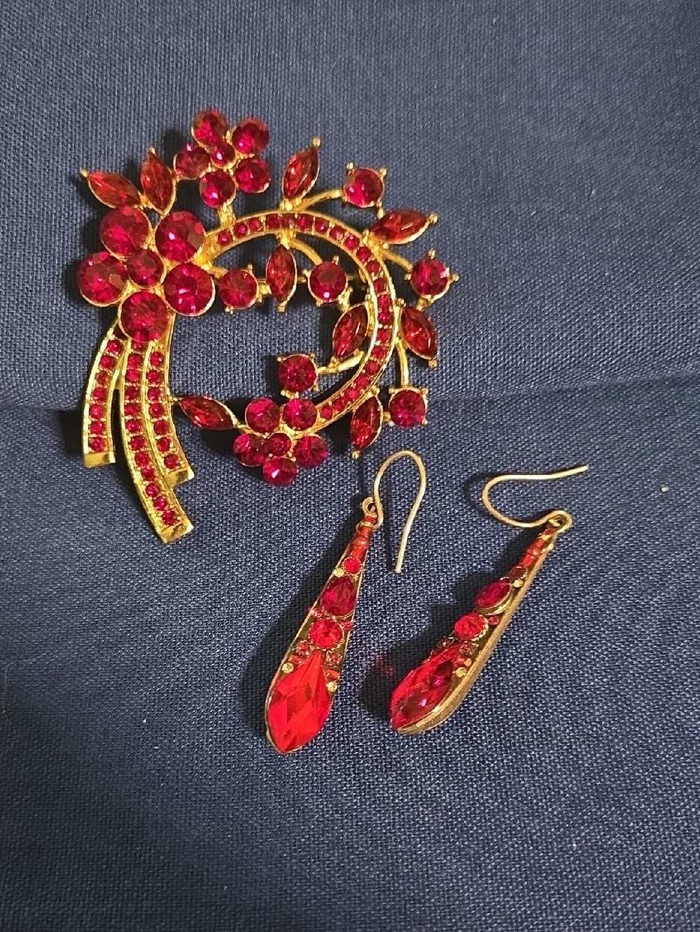 Anne Klein Gold-Tone Red Crystal Floral Brooch with Red Drop Earrings